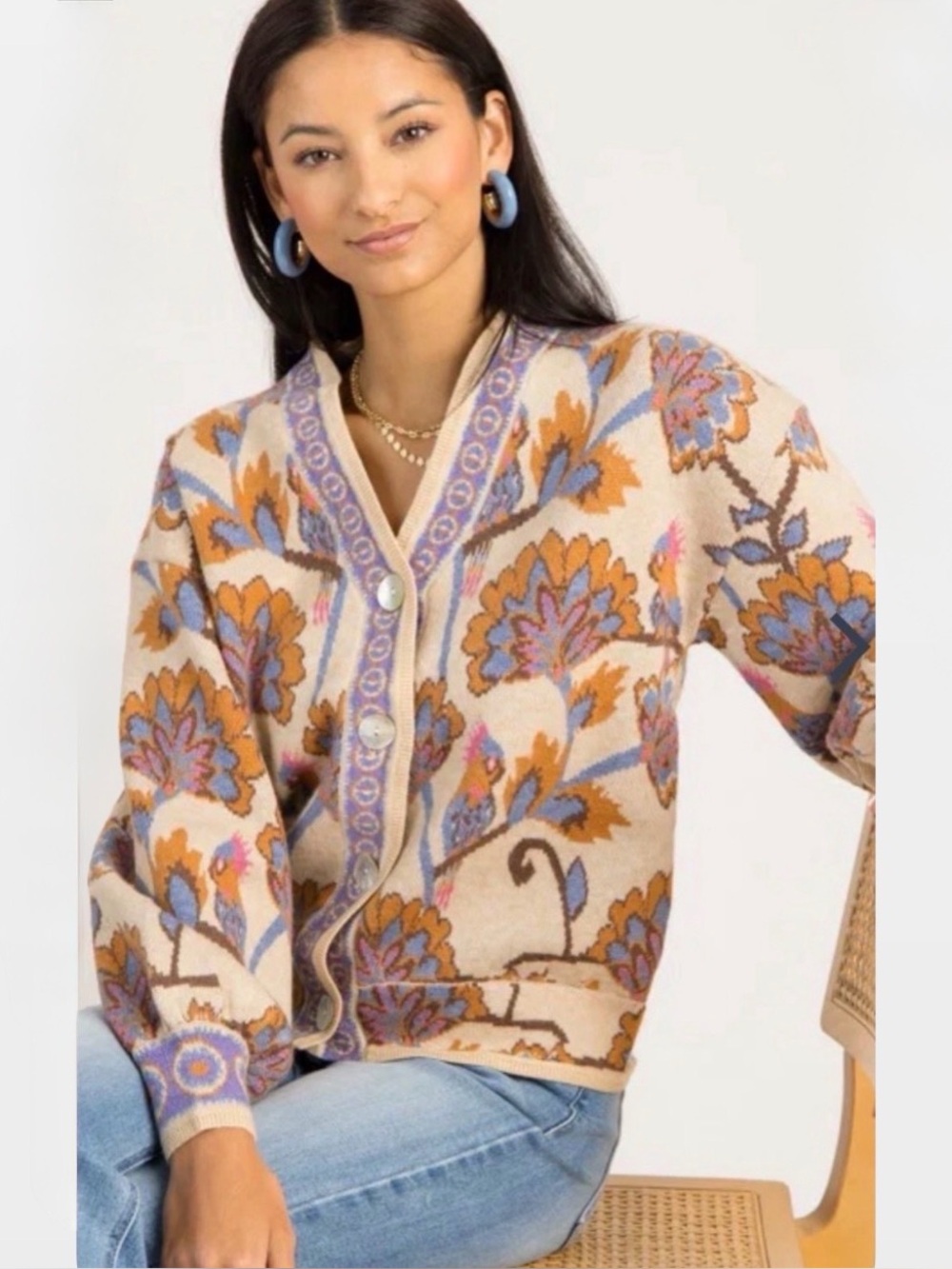 Fate Floral and Birds Cream, Orange and Blue Cardigan Size M